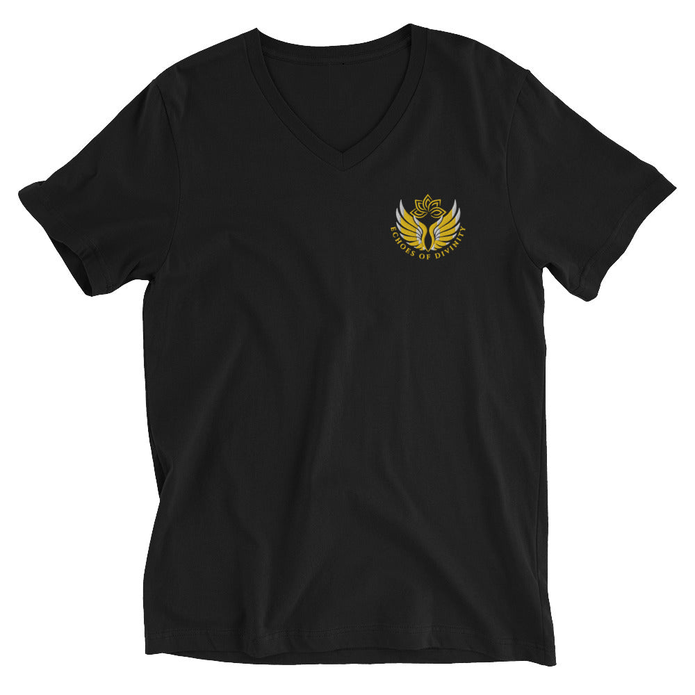 Echoes of Divinity Embroidered V-Neck Tee – Signature Style, Unisex Fit