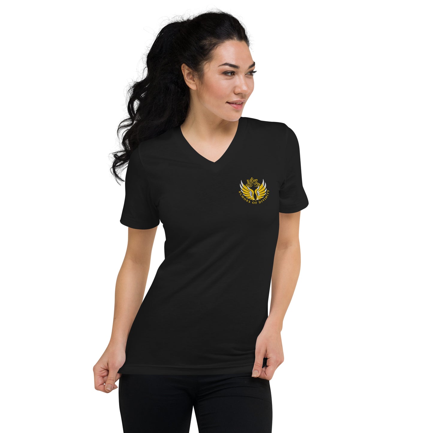 Echoes of Divinity Embroidered V-Neck Tee – Signature Style, Unisex Fit