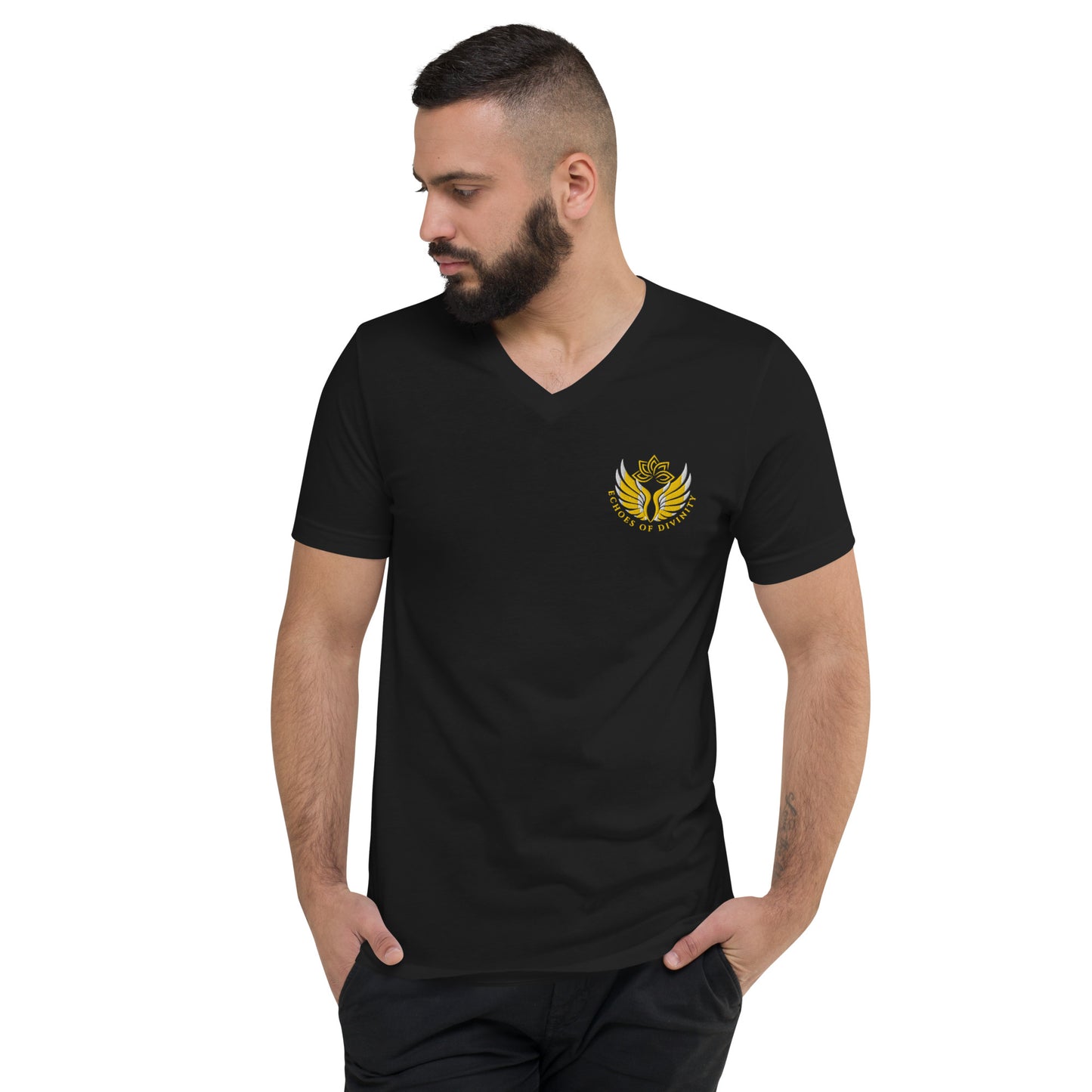 Echoes of Divinity Embroidered V-Neck Tee – Signature Style, Unisex Fit
