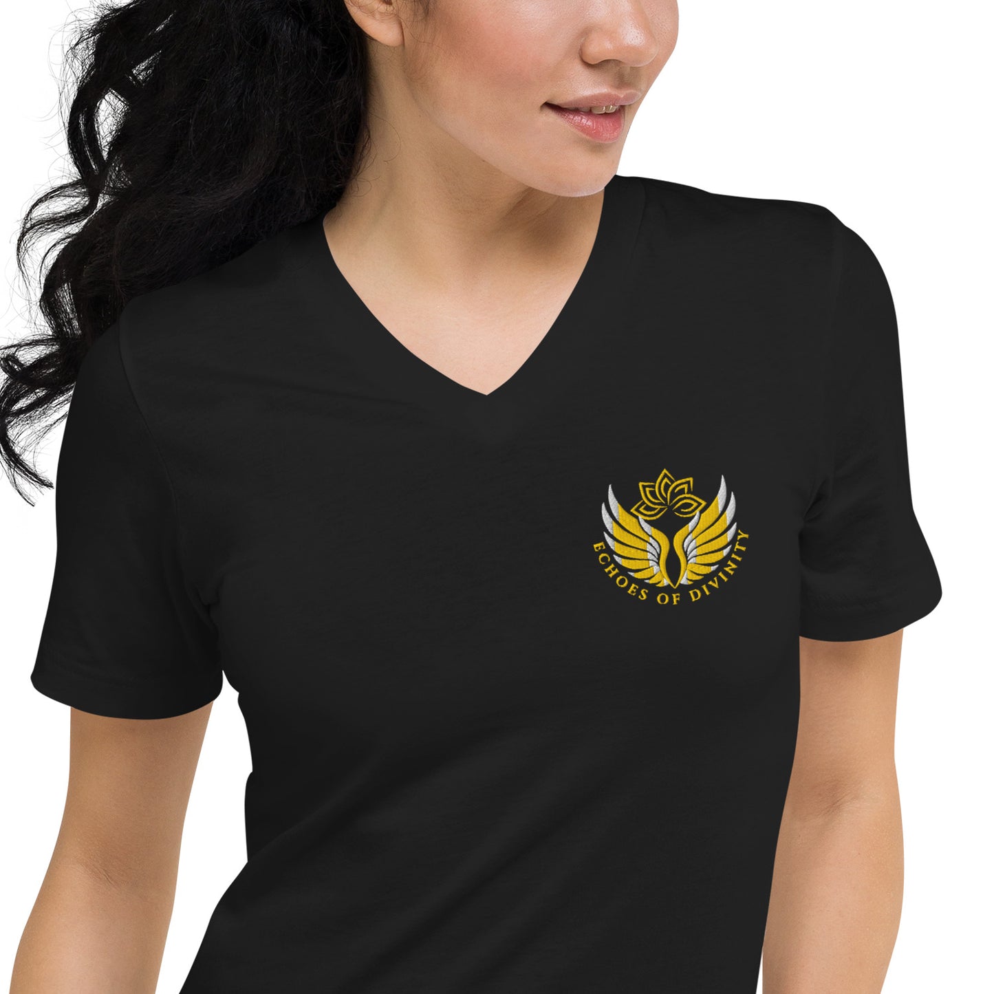 Echoes of Divinity Embroidered V-Neck Tee – Signature Style, Unisex Fit