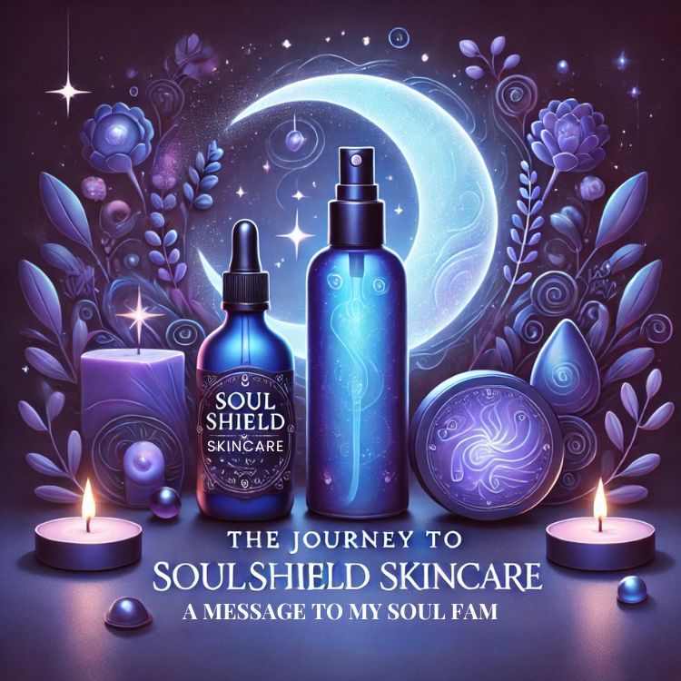 ing a cobalt blue mist spray bottle, glowing lotion container, and soap bar. Celestial elements like a crescent moon and stars appear in the background, creating a mystical and spiritual vibe that reflects the ritualistic nature of the skincare collection