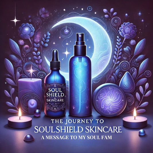 ing a cobalt blue mist spray bottle, glowing lotion container, and soap bar. Celestial elements like a crescent moon and stars appear in the background, creating a mystical and spiritual vibe that reflects the ritualistic nature of the skincare collection