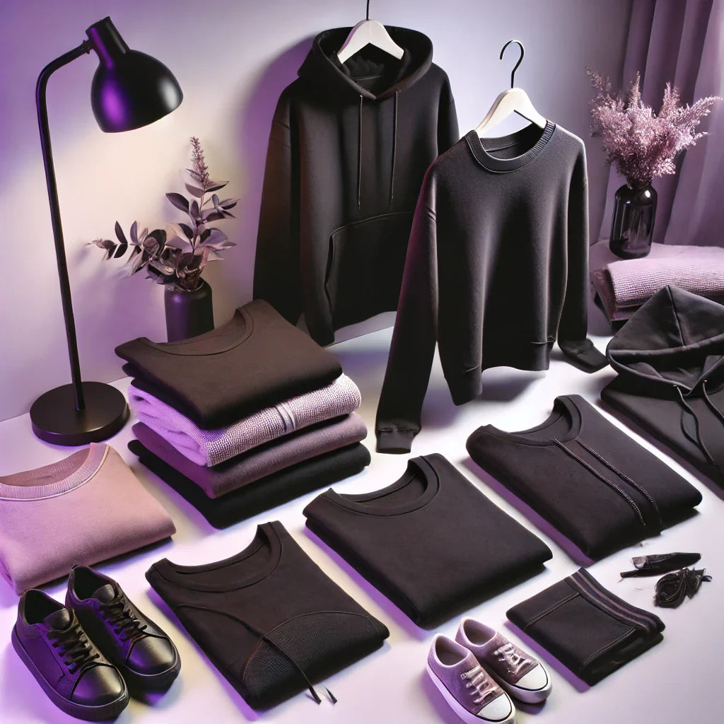 Chic collection of women’s black hoodies, t-shirts, and sweatshirts with soft purple accents, blending comfort and modern fashion in an ethereal setting.