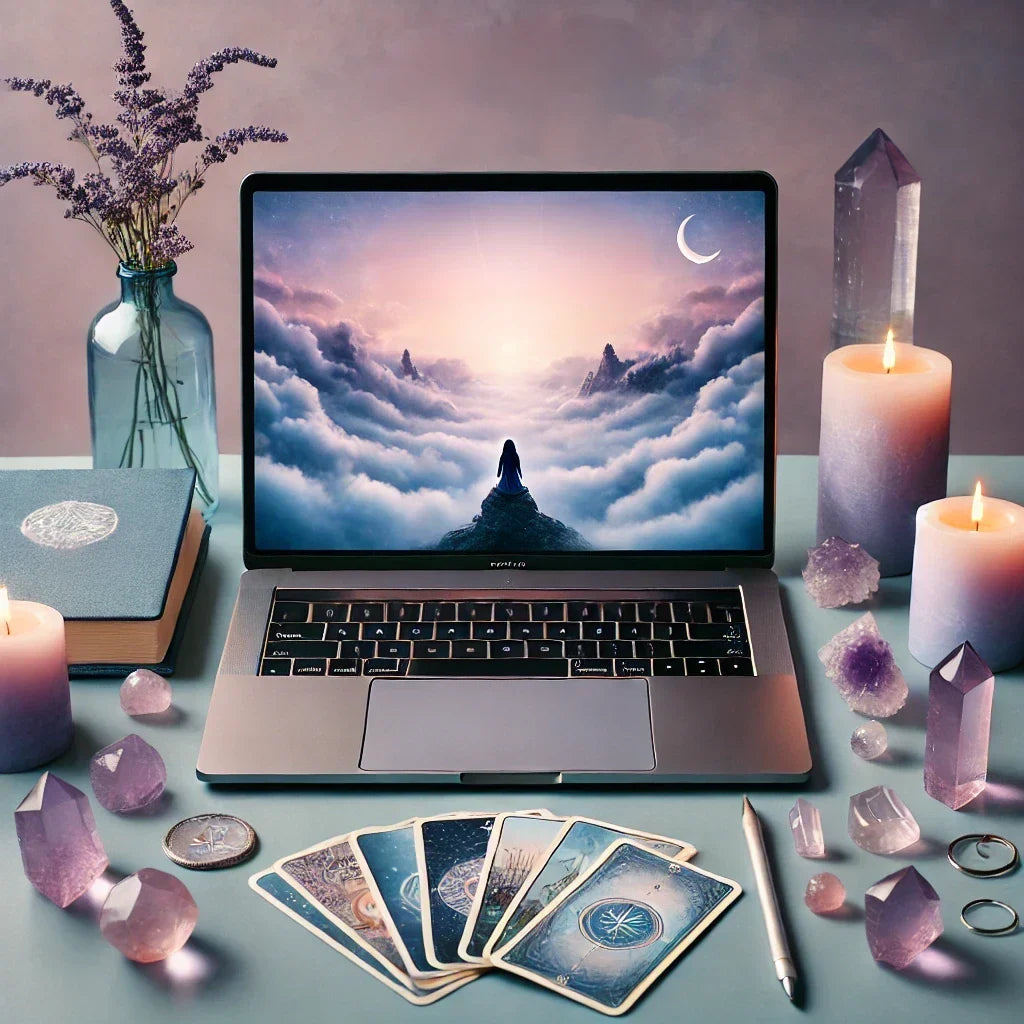 A calming scene with a laptop, tarot cards, and crystals on a table, symbolizing virtual insight sessions for clarity and alignment.