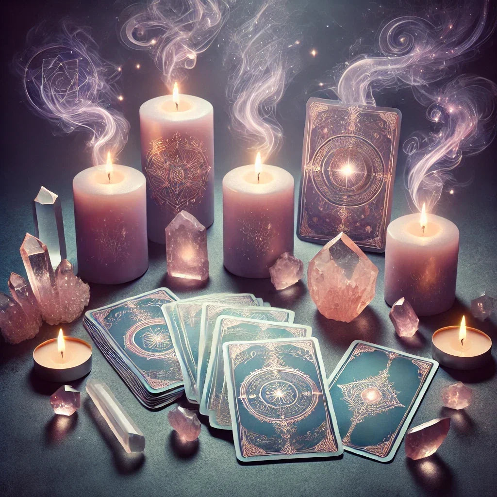 Oracle cards with elegant, text-free illustrations, arranged with glowing candles and crystals on a lavender and slate blue gradient background, creating a calm, mystical atmosphere.