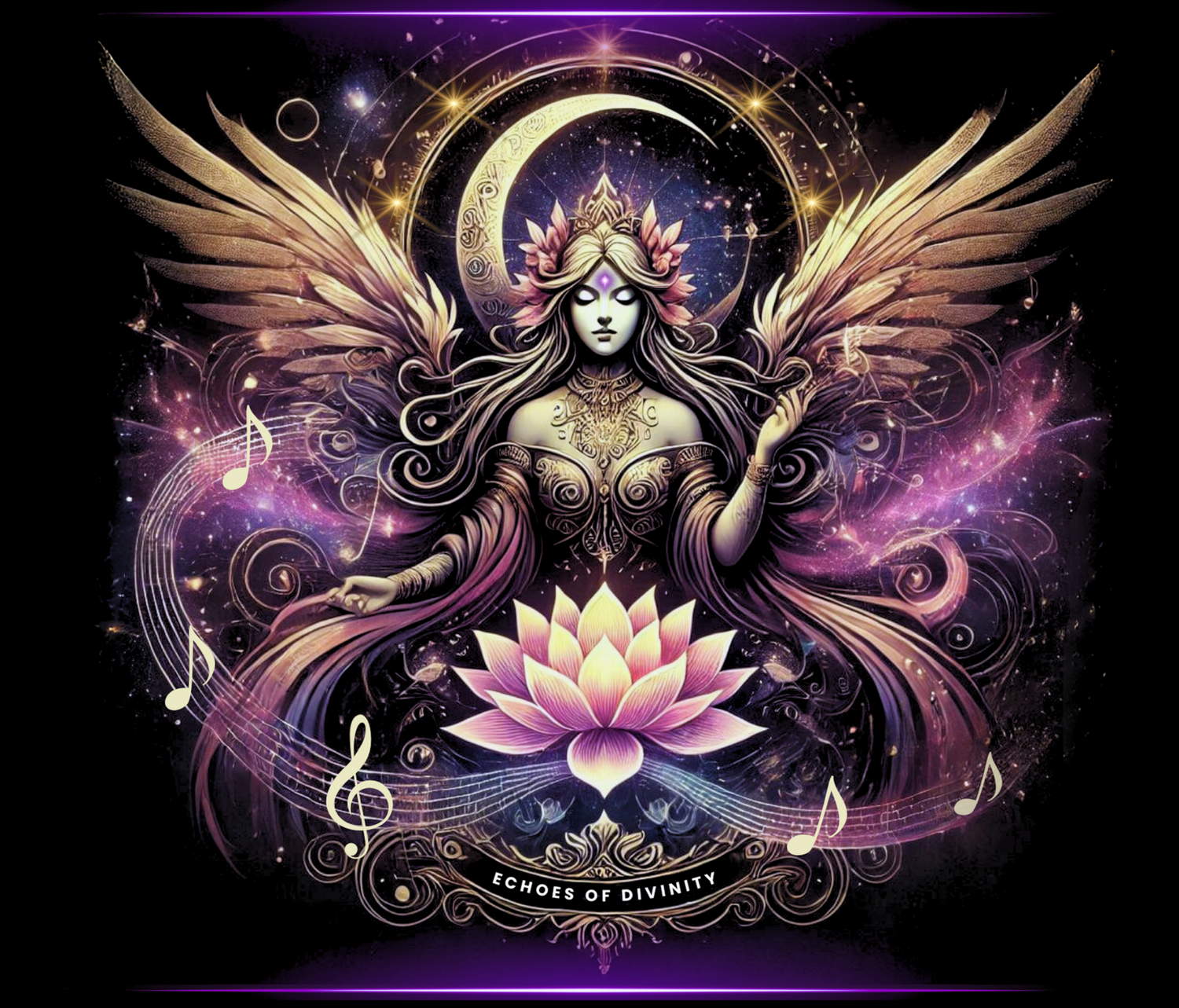 Ethereal Echoes of Divinity logo featuring a celestial goddess with wings, surrounded by cosmic elements and a lotus flower symbolizing spiritual awakening.