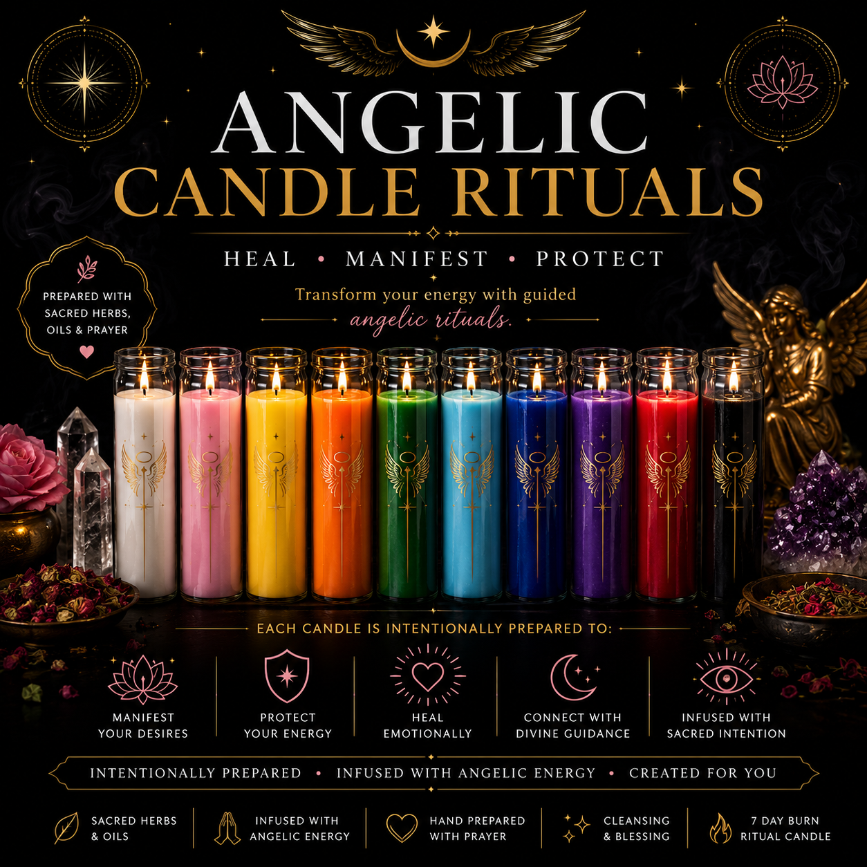 A glowing photograph of colorful angelic ritual candles with the text “Candle Rituals – Transform your energy with guided angelic rituals,” designed as a promotional image for spiritual candle services.