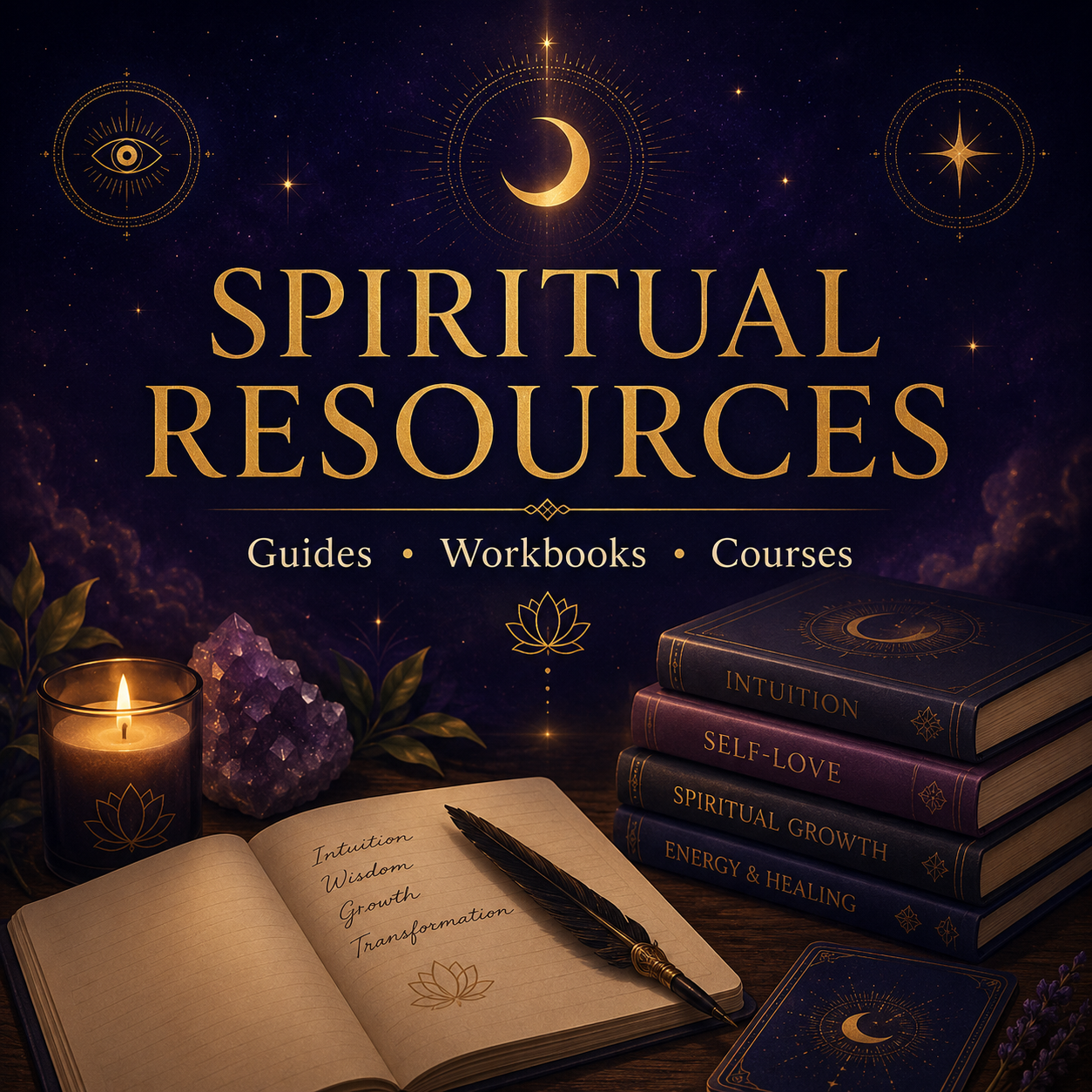 Collection image for Soulwork & Study — journal, tarot, and spiritual tools representing healing and study.
