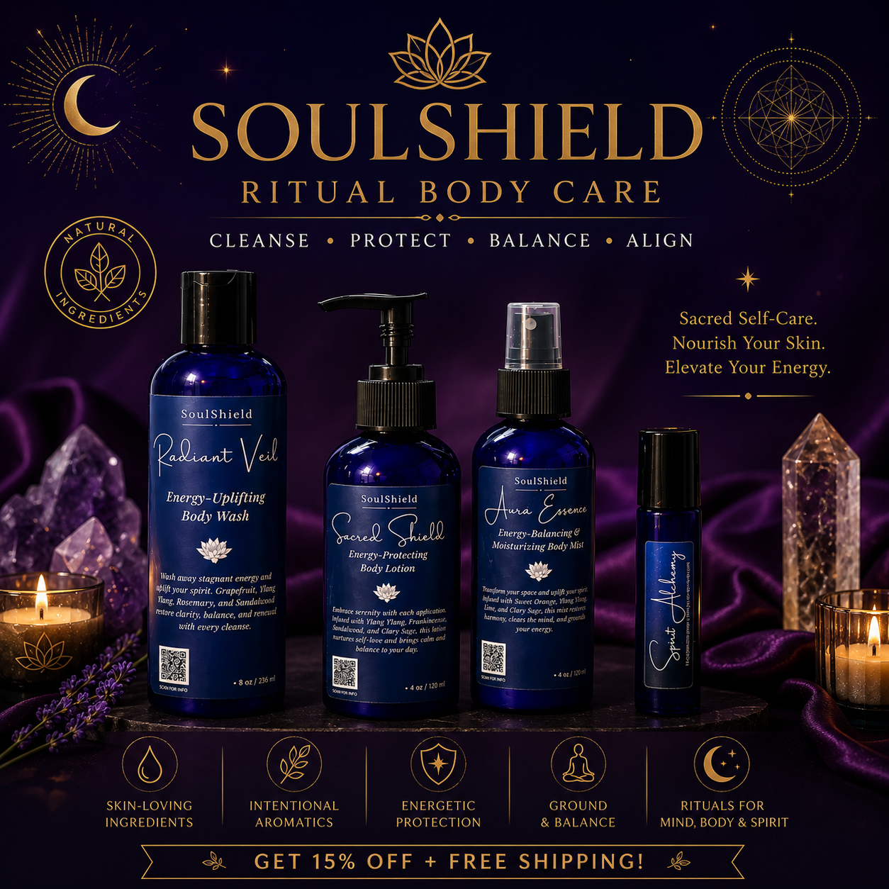 Abstract gradient of soft purple and cobalt blue hues, creating a tranquil and ethereal ambiance with subtle glowing elements, evoking spiritual balance and serenity.