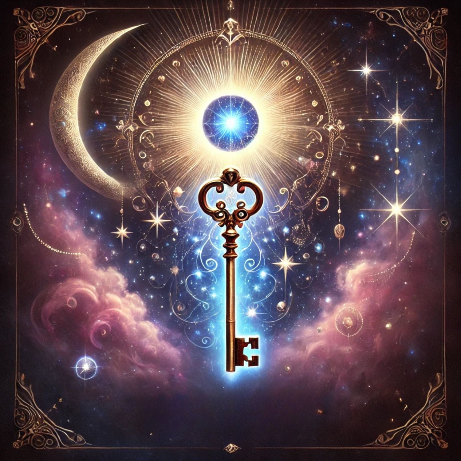 Mystical collection image for 'All-Inclusive Full Package' of astrology and spiritual readings. The design features a glowing skeleton key surrounded by a deep cosmic background with stars, constellations, and a radiant moon.