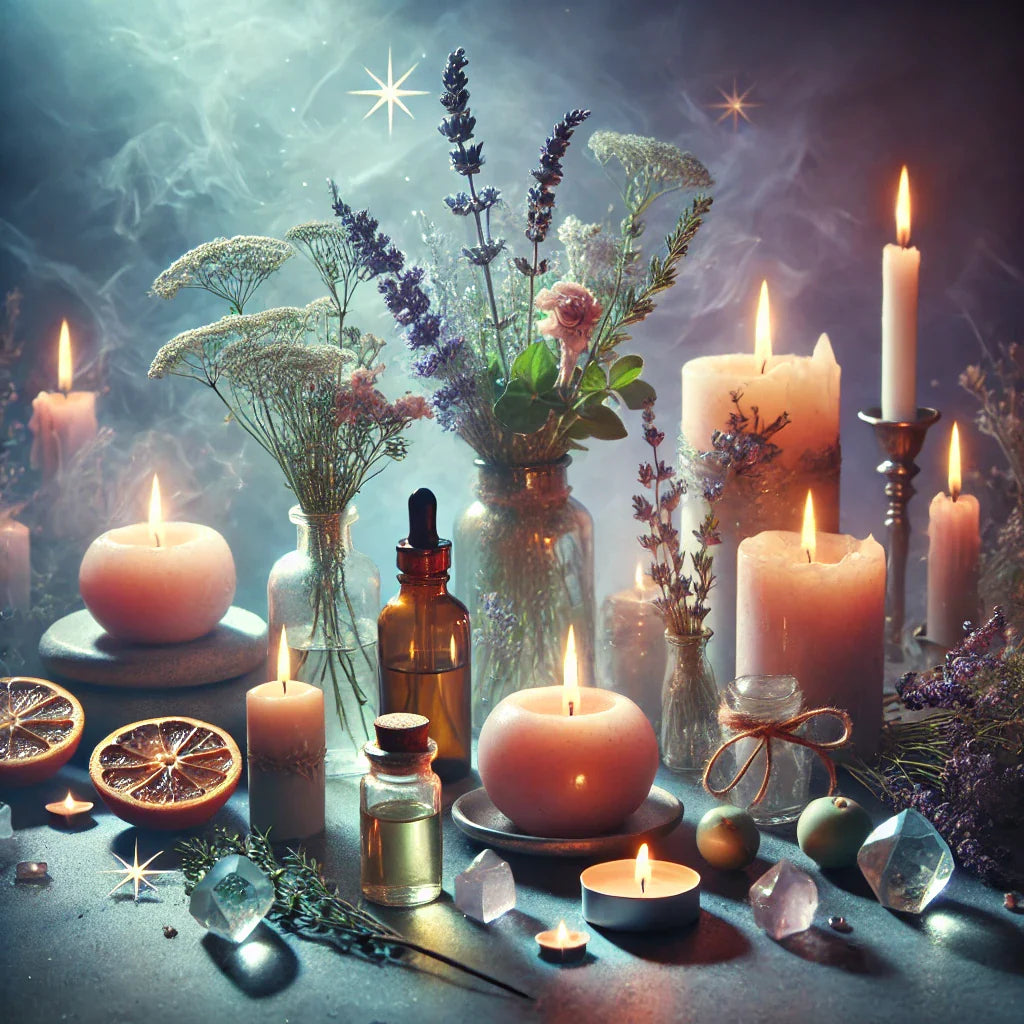 Ethereal collection image with glowing candles, herbs, oil bottles, and fruits, creating a mystical and tranquil atmosphere for candle rituals and manifestation.