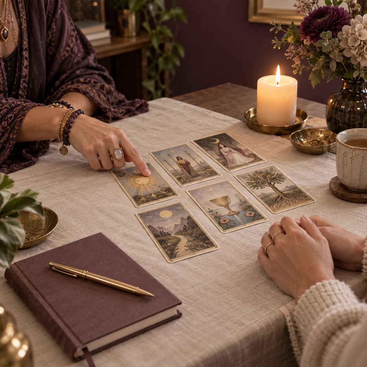 A personal tarot reading with cards, a reflection journal, and candlelight in a grounded spiritual setting