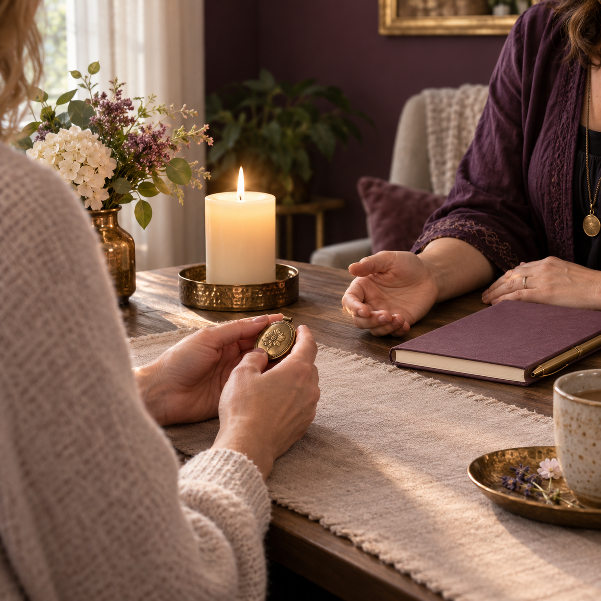A compassionate private mediumship reading with a keepsake, journal, and candle in a peaceful spiritual setting