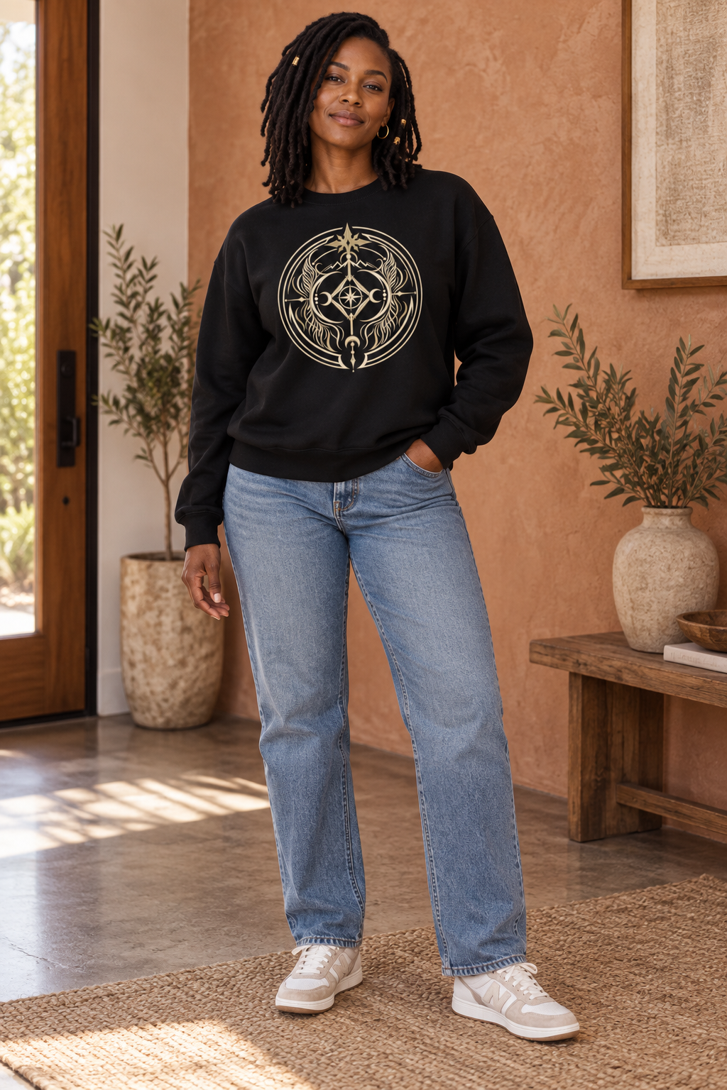 Woman wearing the black Inner Knowing Seal sweatshirt with relaxed blue jeans in a warm, comfortable living space.