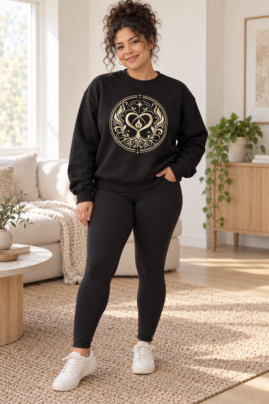 Woman wearing the black Sacred Connection Seal sweatshirt with black leggings in a relaxed living-room setting.
