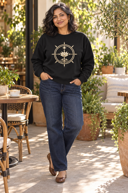 Woman wearing the black Aligned Abundance Seal sweatshirt with relaxed blue jeans and sneakers at an outdoor café.