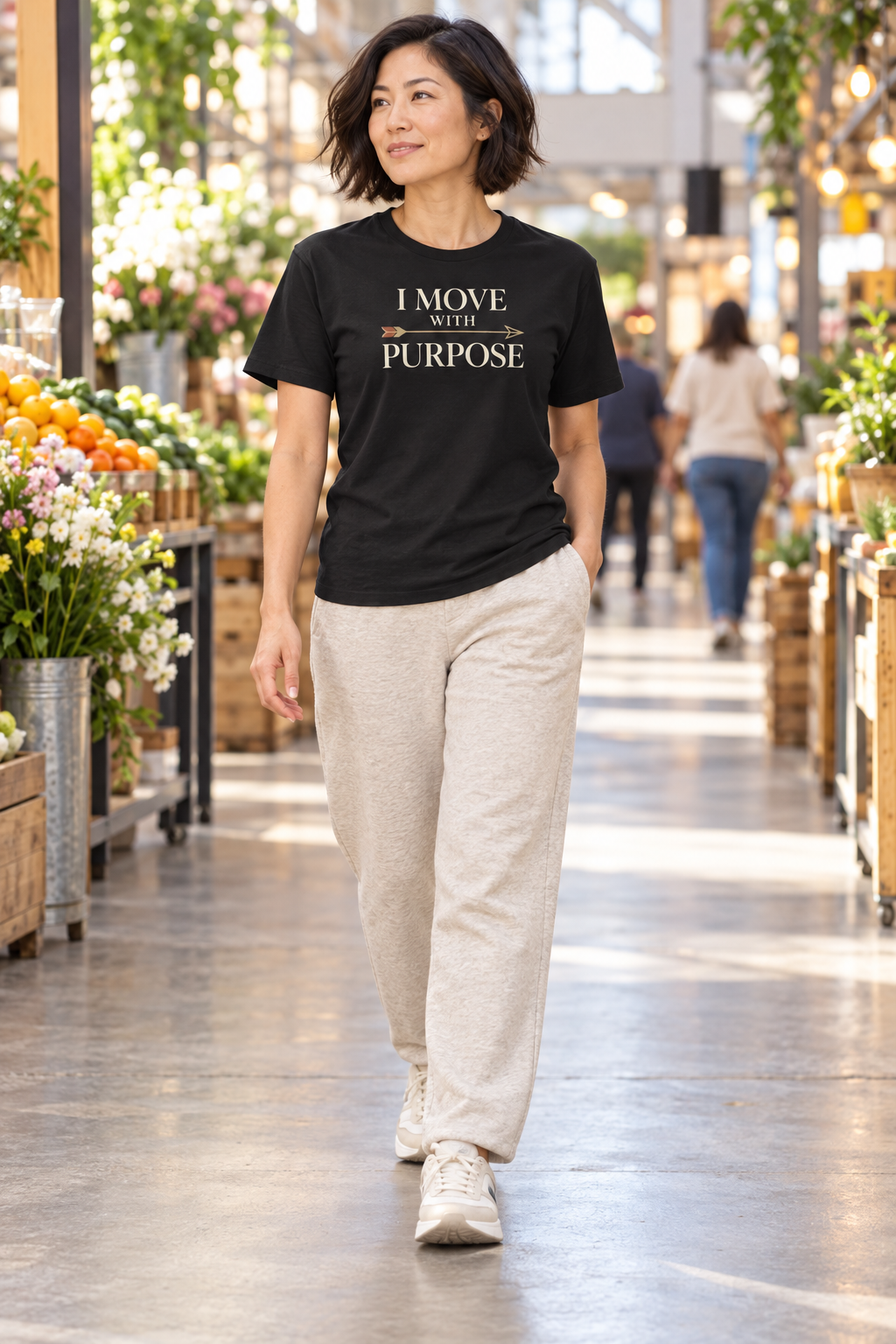 East Asian woman wearing the I Move With Purpose black tee with oatmeal joggers while walking through an indoor market.