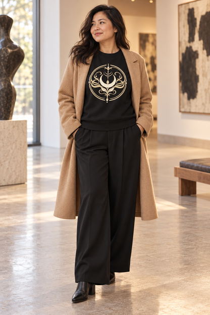 Woman wearing the black Sacred Renewal Seal sweatshirt with black trousers and a long black coat in an elegant indoor setting.