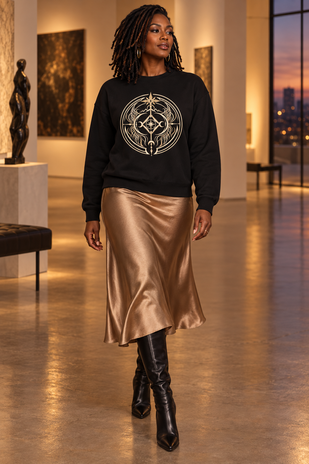 Woman wearing the black Inner Knowing Seal sweatshirt with a gold satin midi skirt in an elegant indoor setting.