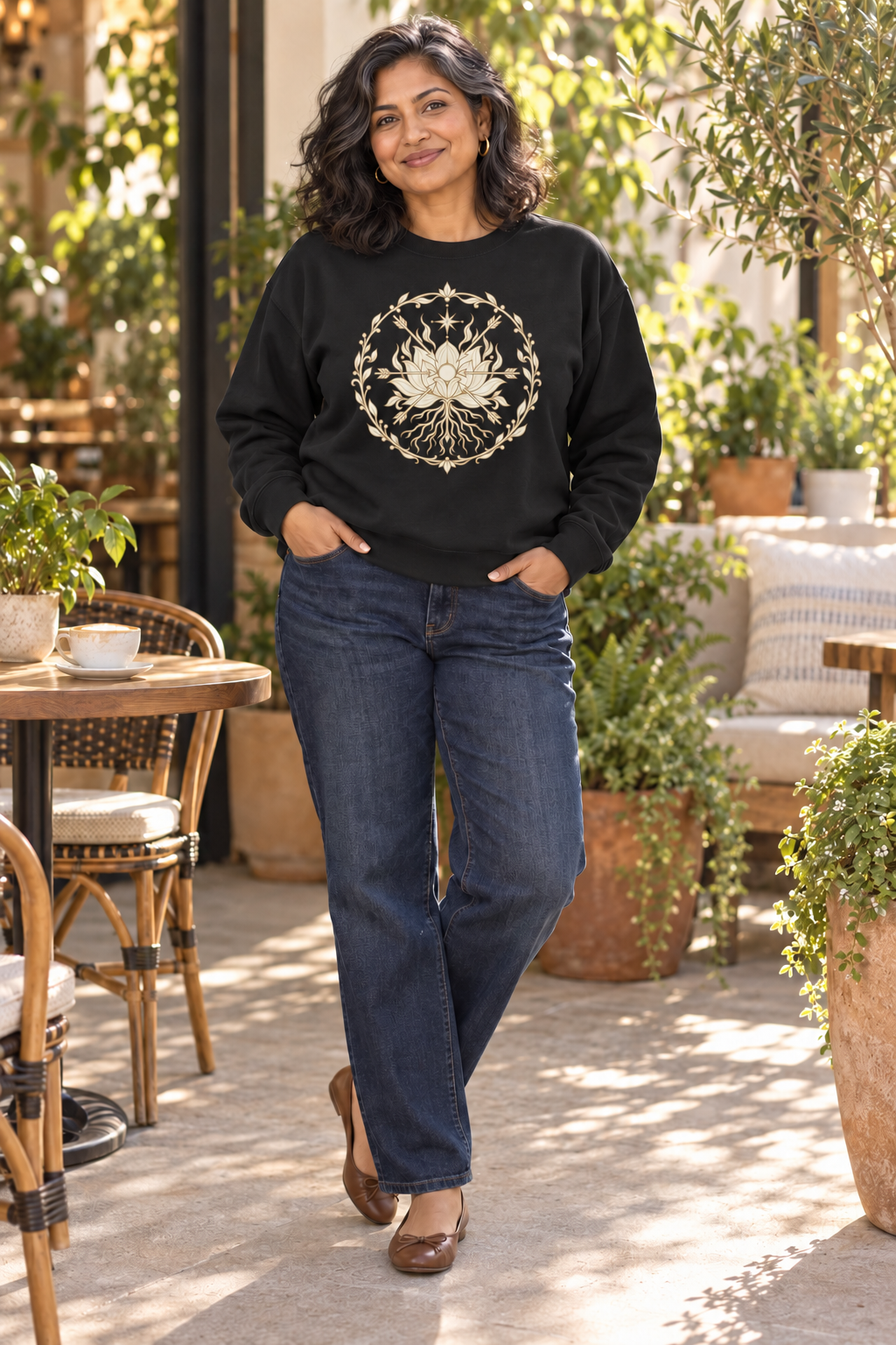 Woman wearing the black Aligned Abundance sweatshirt with an ivory-and-antique-gold rooted lotus seal, styled with blue jeans at a sunlit café.