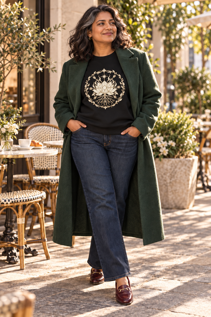 Woman wearing the black Aligned Abundance sweatshirt under a forest-green coat, styled with dark jeans and burgundy loafers at an outdoor café.