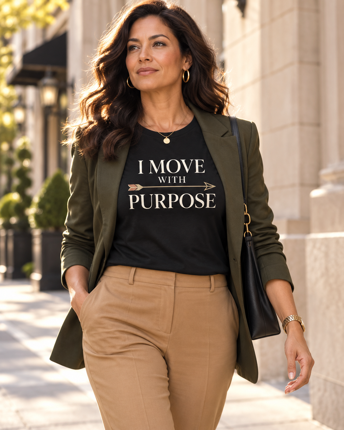 Woman wearing the I Move With Purpose black relaxed T-shirt with an olive blazer.